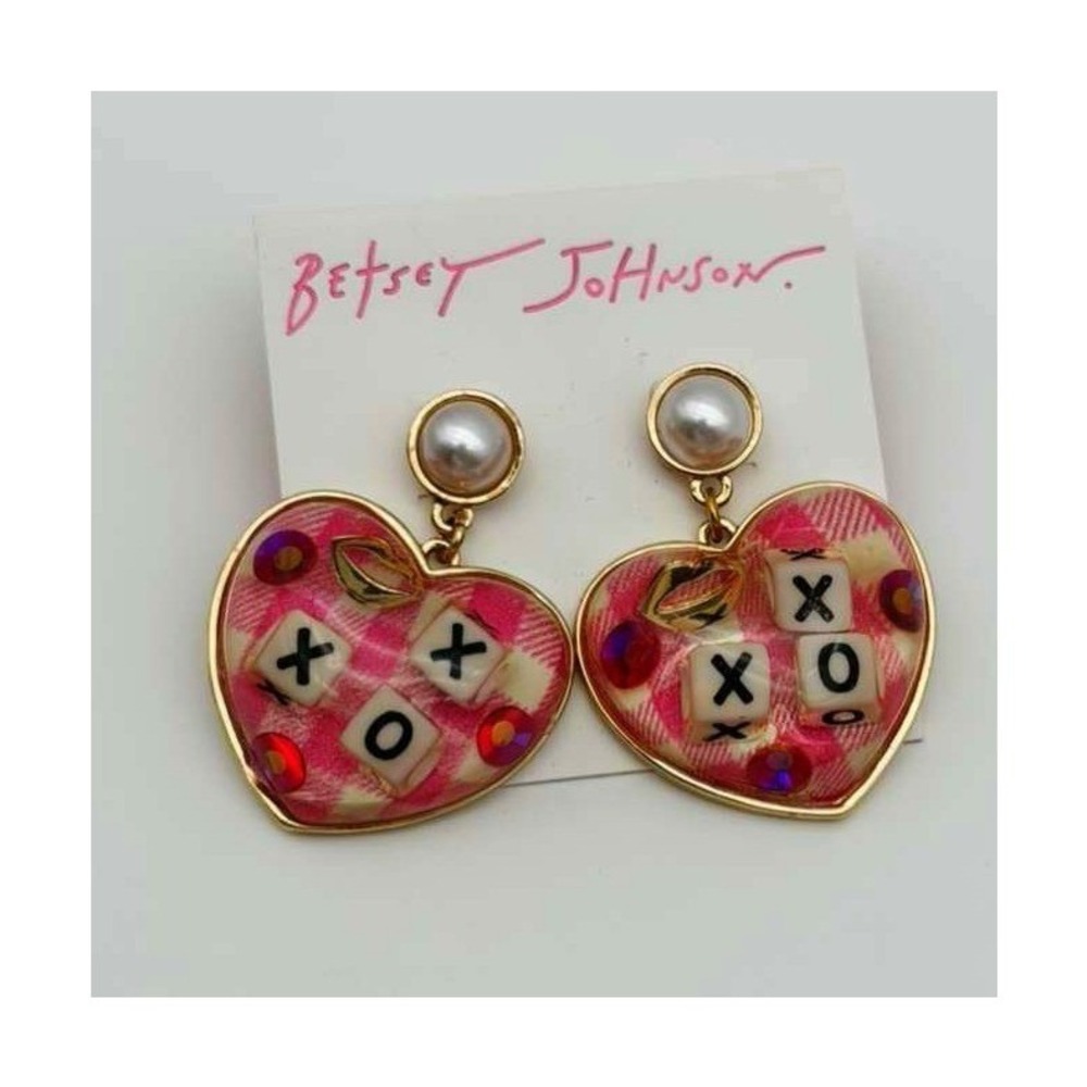 Betsey Johnson XOXO Plaid Heart Drop Earrings - Pearl Post - Dice & Lips - NWT